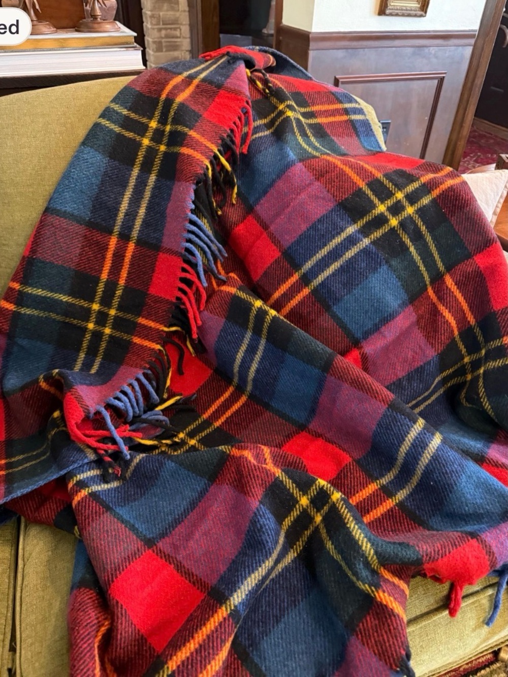 Vintage Wool Plaid Fringe Throw Blanket in Red, Navy & Yellow
